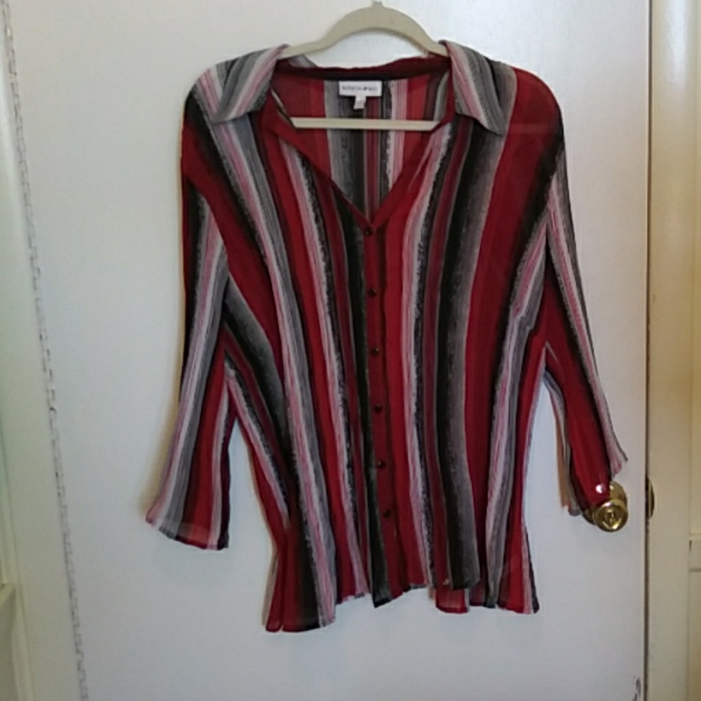 Lane BryantRed black and gray stripped dress shirt